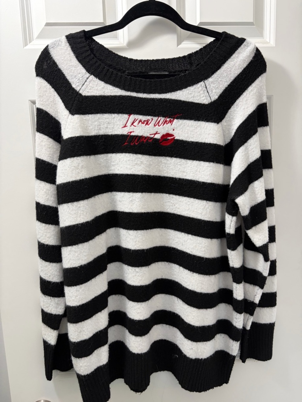 Marilyn Monroe I Know What I Want Black & White Striped Sweater Iconic Red Lip